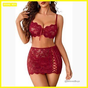 Lace Bralette Mini Skirt G-String Lingerie Set Size Medium